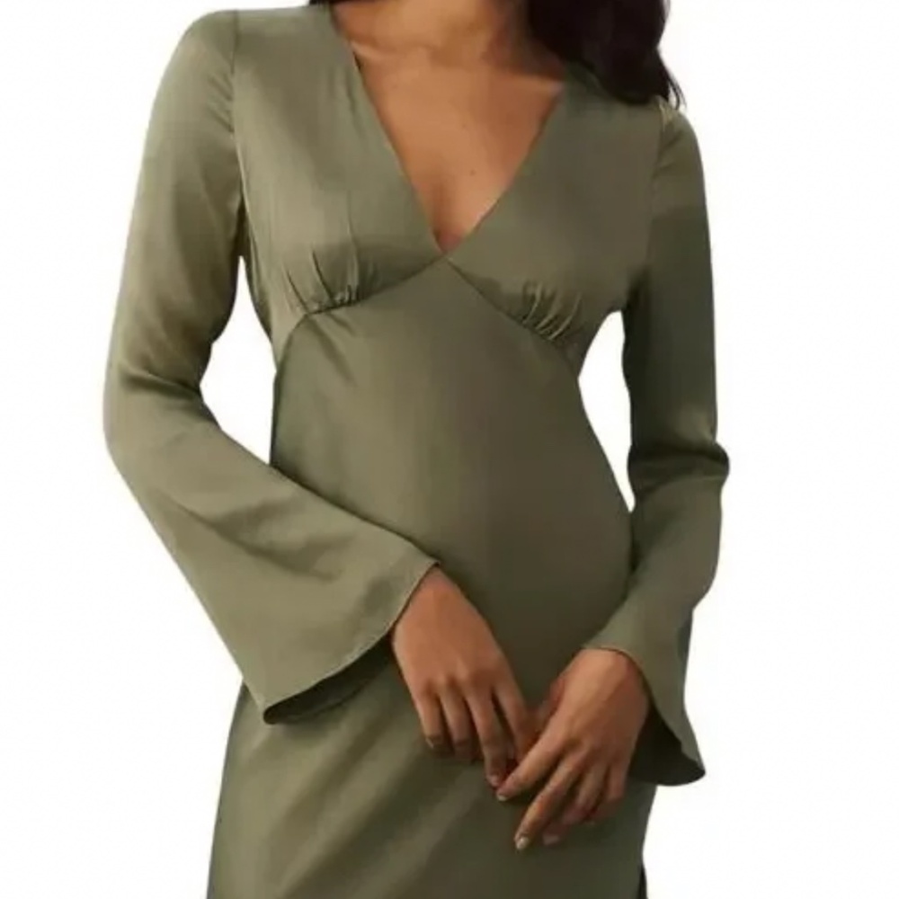 BHLDN Olive Green Midi Dress with V-Neck and Side Slit - Picture 3 of 7